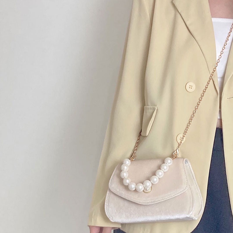 MISCHA Túi Đeo Vai Màu Trơn Chất Liệu Nhung Đính Ngọc Trai Thời Trang Cho Nữ