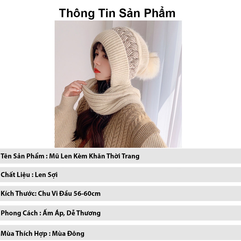 Mũ len nữ thời trang KOMI nón len kèm khăn quàng cổ phong cách ấm áp mùa đông