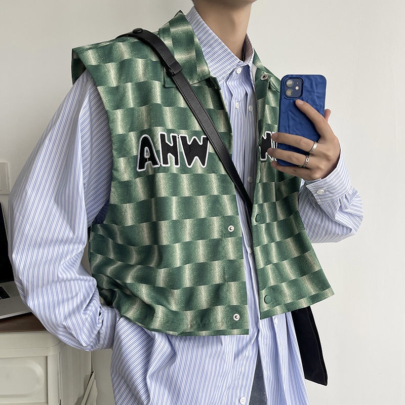 Áo Sơ Mi Sát Nách Cổ Bẻ Họa Tiết Sọc Caro Phong Cách Retro Nhật Bản
