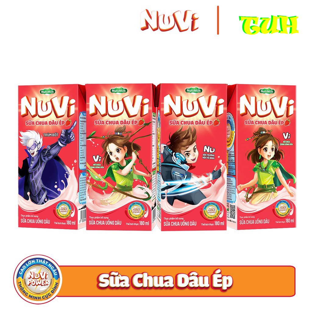 THÙNG 48 Hộp Sữa Chua Dâu Ép Nuvi 180ml Giúp Bé Phát Triển Trí Não, Chiều Cao Cho Bé