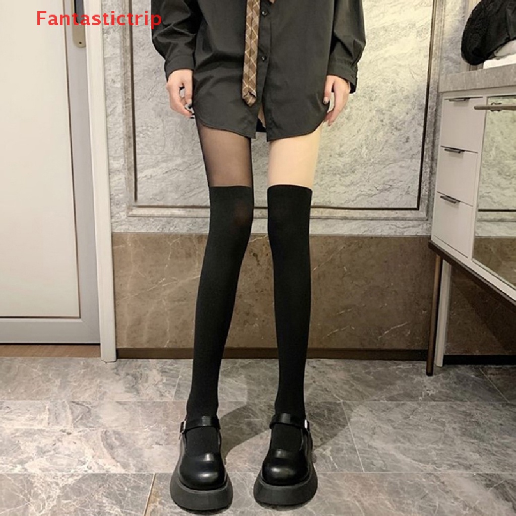 [Fantastictrip] Vớ Lụa Màu Đen Cao Ngang Đùi Phối Màu Gợi Cảm Phong Cách Nhật Bản Cho Nữ