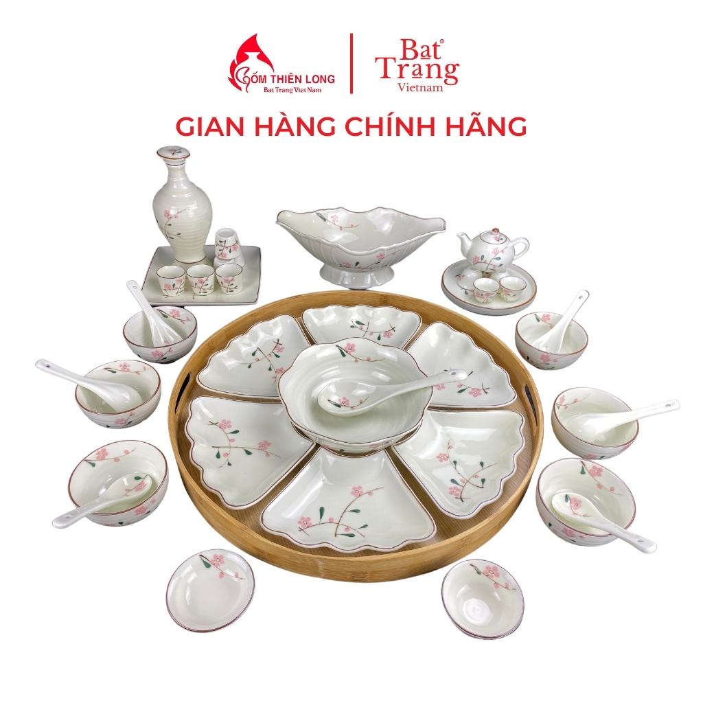 Bộ bát đĩa thắp hương hoa mặt trời men kem vẽ đào hồng gốm sứ Bát Tràng chính hãng Gốm Thiên Long 236629