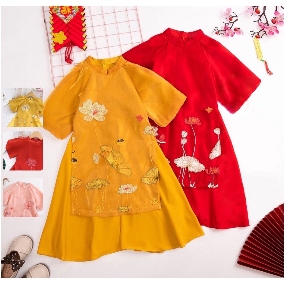 Sét áo dài cách tân cho bé gái thêu hoa sen cho trẻ em ful size 2-9 tuổi