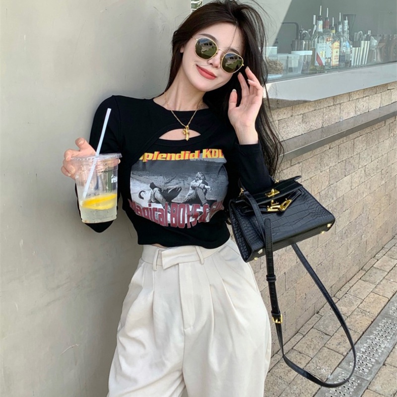 IELGY Áo Thun Lửng Tay Dài In Họa Tiết Thời Trang Dành Cho Nữ