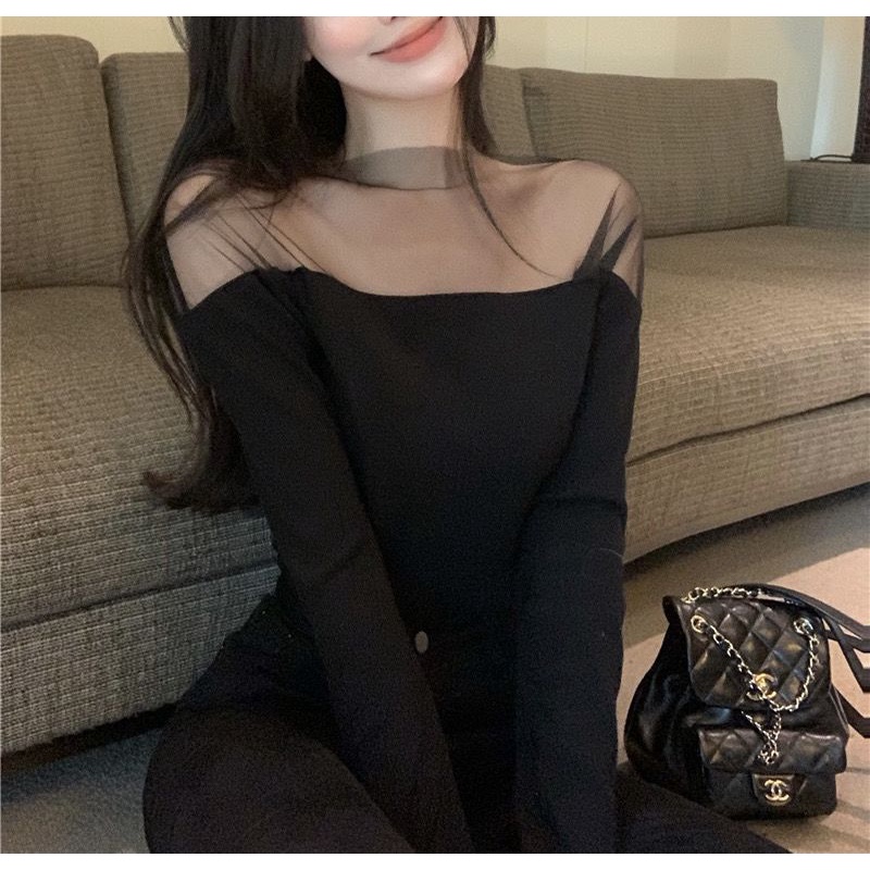 Áo Thun Tay Dài Phối Lưới Thiết Kế Mới Thời Trang Mùa Thu Cho Phái Nữ