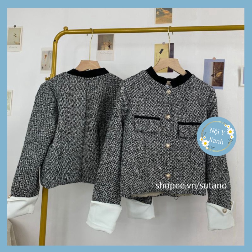 áo khoác dạ twee 2 lớp dáng croptop phối trắng tay cúc đồng vương quyền  A12 Nội Y Xanh hot trend thu đông ấm áp