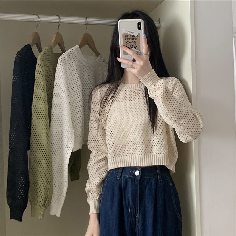 Áo Dệt Kim Mỏng Tay Dài Cổ Tròn Chống Nắng Dáng Rộng Kiểu Pháp Thời Trang Cho Nữ