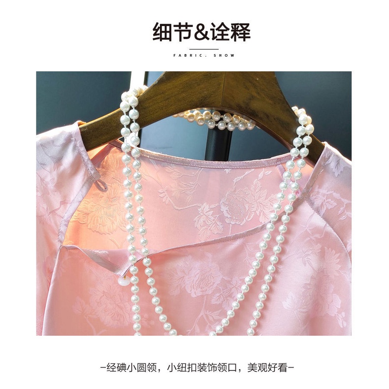 Women Pink Chinese Style Buttoned Round Neck Imitation Silk Shirt