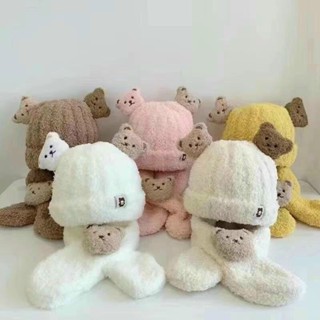 SÉT NÓN LEN KÈM KHĂN CỔ TAI HÌNH GẤU CHO BÉ TRAI BÉ GÁI 1 ĐẾN 7 TUỔI