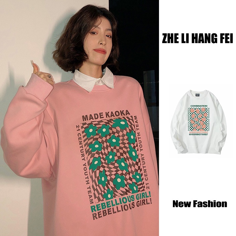 Áo thun nỉ ZHELIHANGFEI tay dài dáng rộng in hoa phối họa tiết thời trang dễ phối đồ