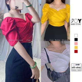 Áo crotop đắp chéo ngực tay bồng nhẹ 🌺 chất voan dày mịn tôn da💛 kiểu phồng xinh trắng trơn điệu đà CRON 118 SALE