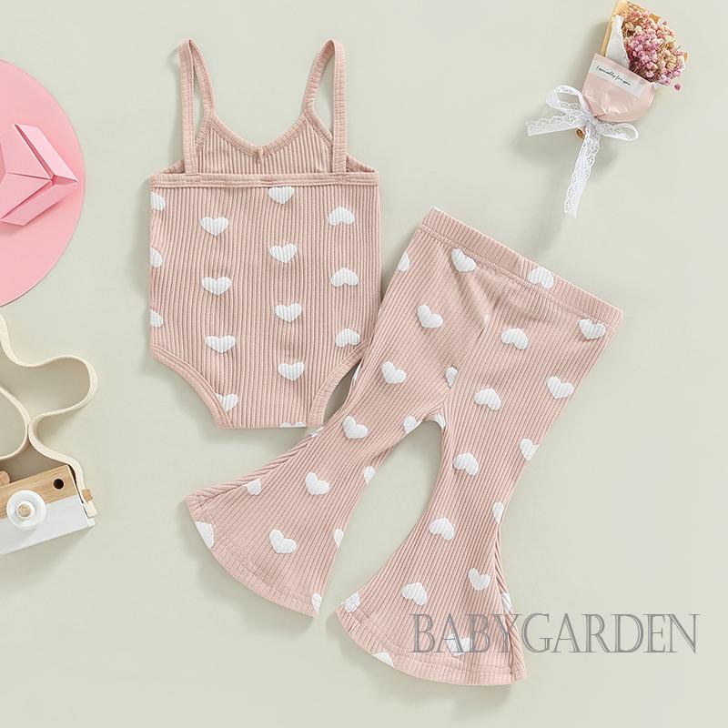 Bộ Áo Liền Quần Sát Nách In Họa Tiết Trái Tim Kèm Quần Ống Loe Lưng Thun Thời Trang Mùa Hè Cho Bé Gái 0-3 Tuổi