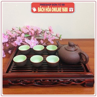 Combo ấm chén đất nung bát tràng hoa văn vẽ tay khắc và khay xịn róc nước, hàng loại 1