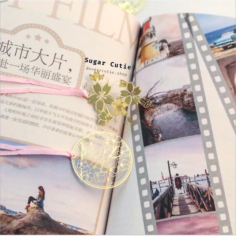 Kẹp đánh dấu sách hoa anh đào kim loại vàng không ghỉ Bookmark