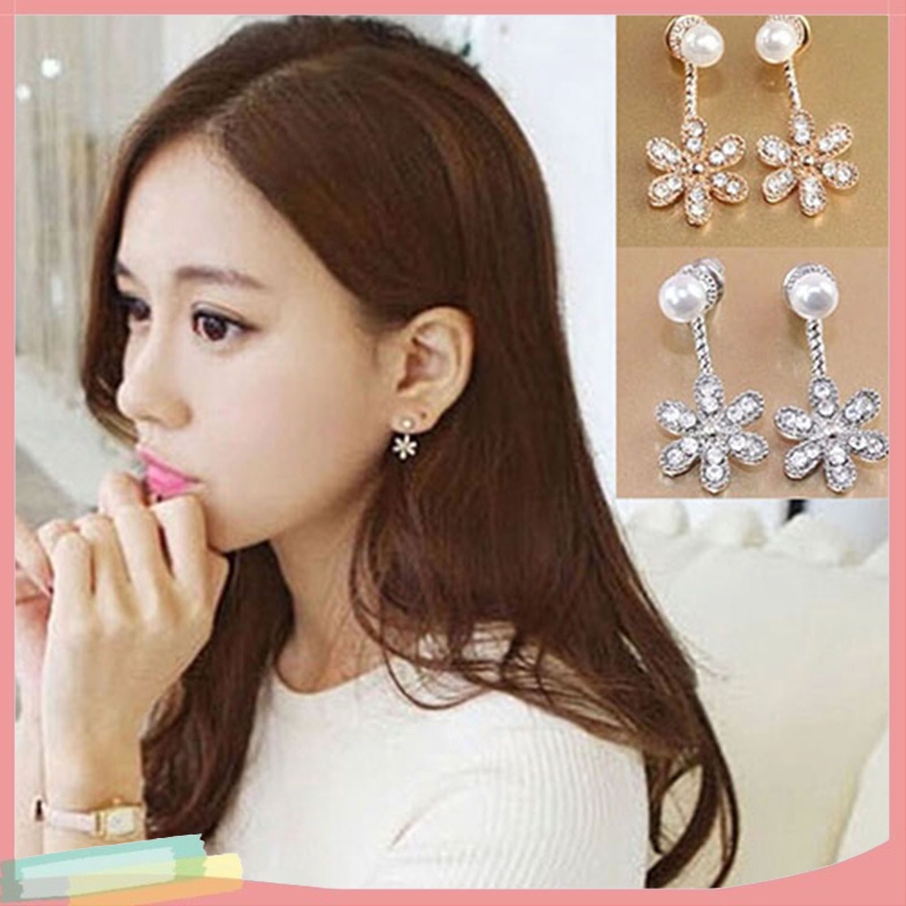 Đôi khuyên tai hình hoa đính kim cương ngọc trai giả thời trang cho nữ