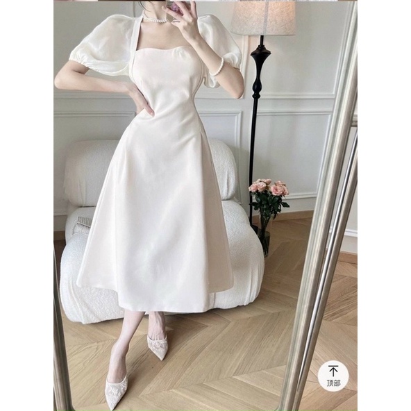 ĐẦM MIDI TRẮNG TAY VOAN KHOÉT LƯNG