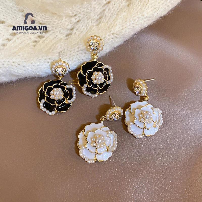 ✨✨Bông Tai Mạ Bạc 925 Hình Hoa Trà Đính Kim Cương Ngọc Trai Cao Cấp Phong Cách Retro 1