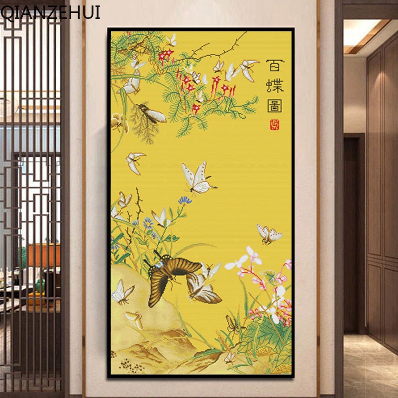 Bộ Tranh Thêu Chữ Thập 11CT DIY Hình Hoa Bướm Chất Liệu Cotton Phong Cách Hiện Đại