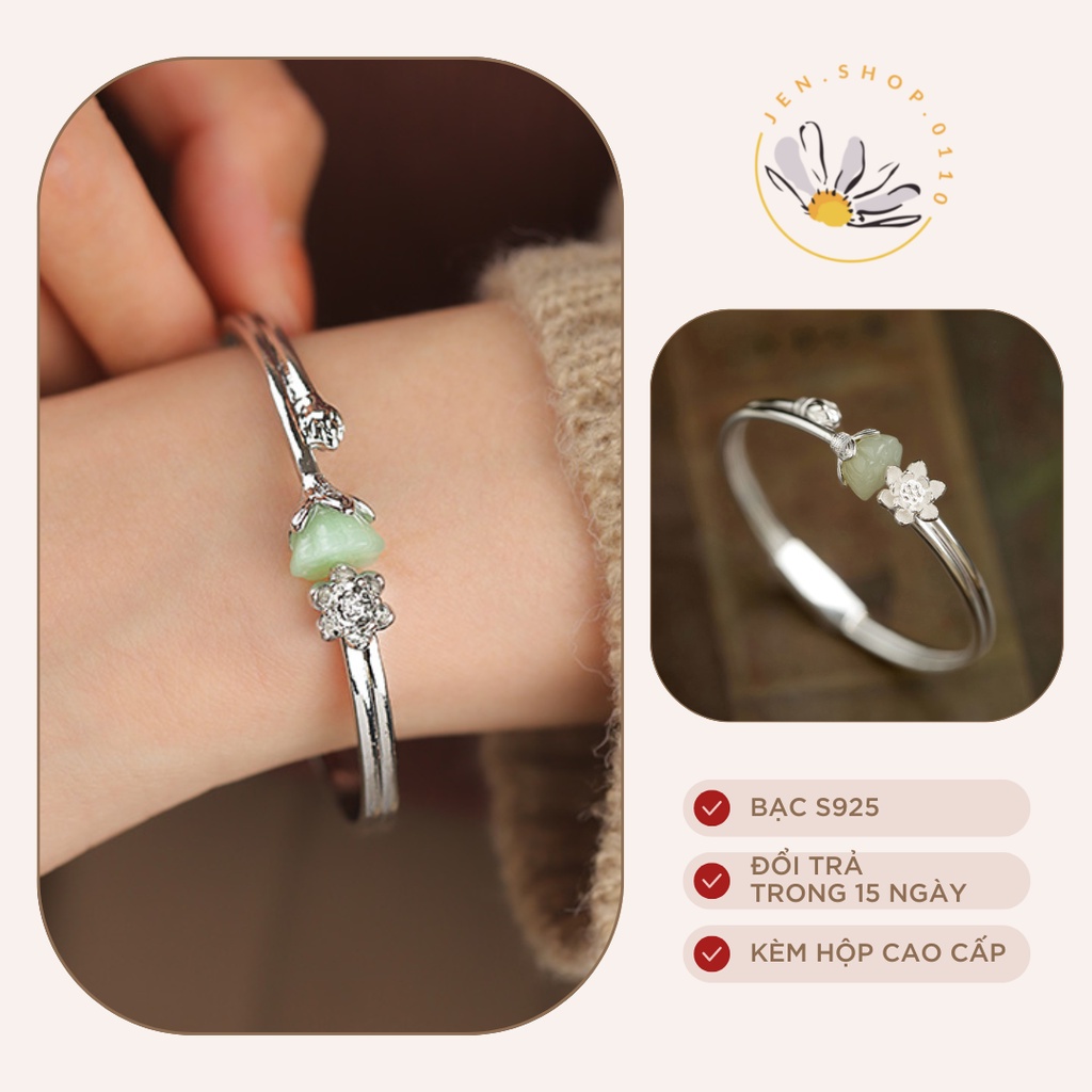 Vòng Tay Hoa Sen - Lắc Tay Hoa Sen - Mạ Bạc S925 Kết Hợp Ng.ọc Bích - Phong cách Tiểu Thư Cổ Điển