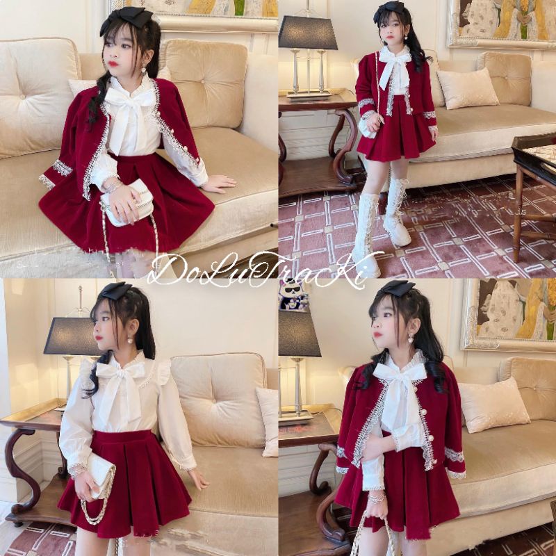 Set 3 chi tiết áo váy nhung kèm sơ mi nơ (hàng loại 1) xinh xắn bé gái