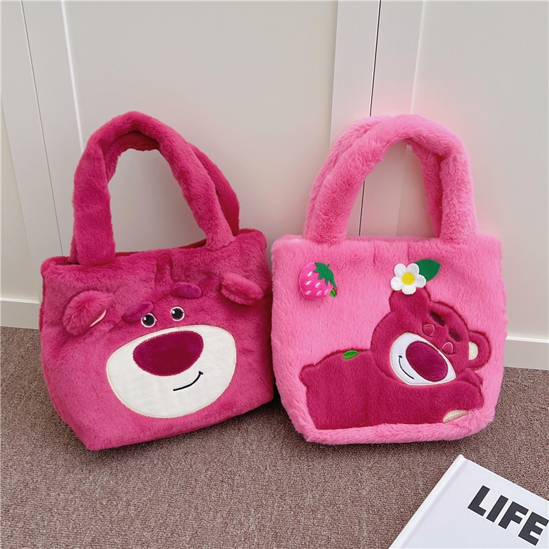 Túi xách gấu dâu đáng yêu cho nữ, Túi lông gấu Lotso hồng mặt ngầu kích thước lớn _ TingTing