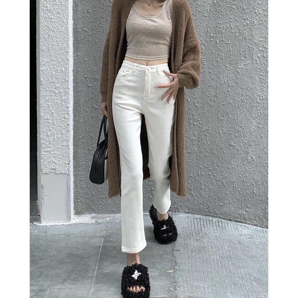 Quần jean lưng cao ống đứng màu kem lưng cao