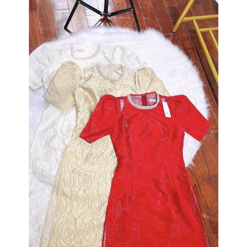 Bigsize Áo dài gấm khoét vai viền ngọc 55-95kg