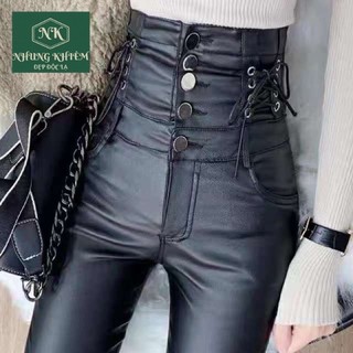 Quần da 5 cúc cạp cao đan dây