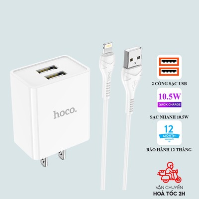 Sạc IP Hoco C89 2.1A hỗ trợ dòng 10.5W, có 2 cổng sạc USB và cáp H-UPF03-GO