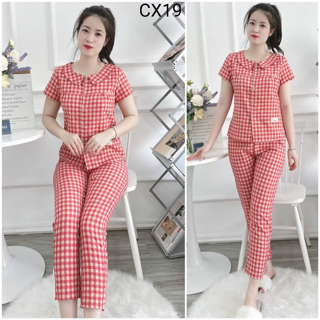(BunnySky) Đồ bộ mặc nhà nữ hoạ tiết kẻ sọc caro fom dáng chuẩn