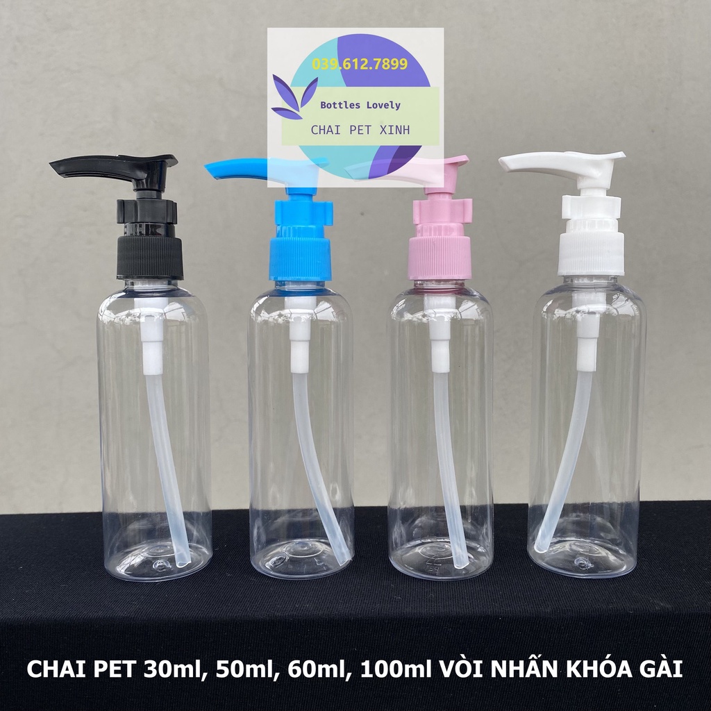 Chai pet nhựa vòi nhấn khóa gài dung tích 30ml, 50ml, 60ml, 100ml