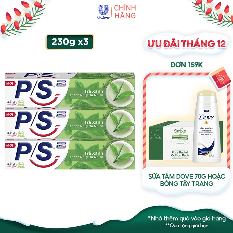 Bộ 3 Hộp Kem đánh răng P/S Thiên nhiên Trà Xanh giúp thanh nhiệt tự nhiên 230g