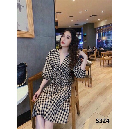 (Siêu Sale tháng 12) Đầm caro nữ cổ V tay phồng,đầm nữ rút dây 2 màu đỏ đen,chất đẹp lên from xinh xĩu