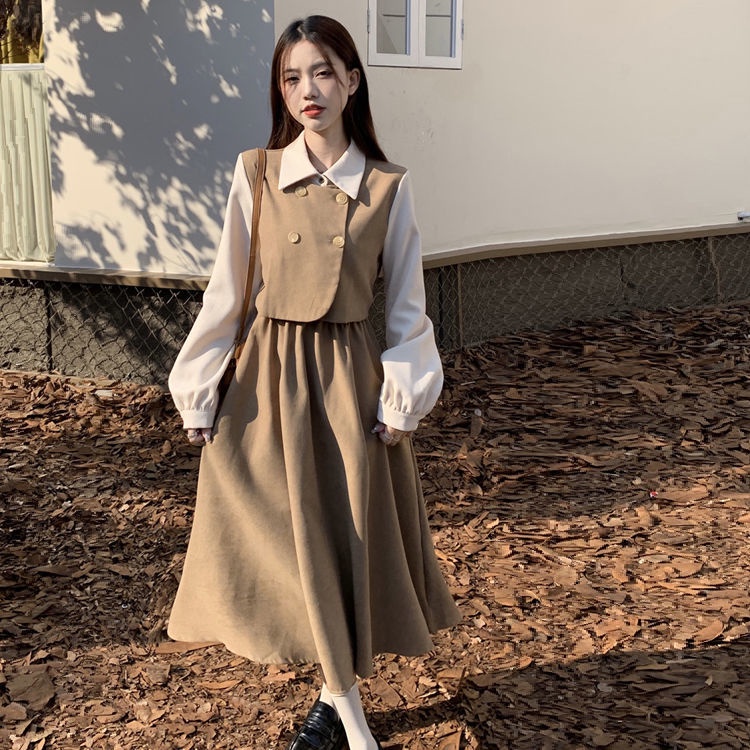 🎀váy babydoll dáng dài váy mùa đông cho nữ váy dài Đầm Dài Tay Giả Hai Lớp Phong Cách Hàn Quốc Thanh Lịch Dành Cho Nữ