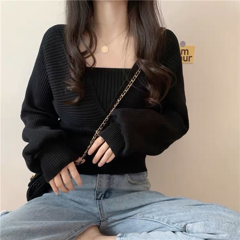 Áo Khoác Cardigan Tay Rơi Ghép Set Kèm Áo Quây Đen Trắng