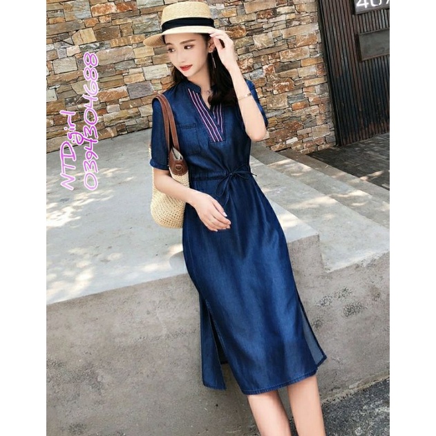 Đầm jean ôm suông nhẹ cổ nẹp chữ V, váy bò tay ngắn trẻ trung thanh lịch - DTH