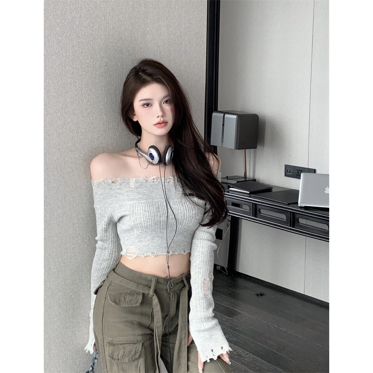 Áo Dệt Kim Trễ Vai Một Bên Vai Màu Trơn Thời Trang Mùa Thu Cho Nữ