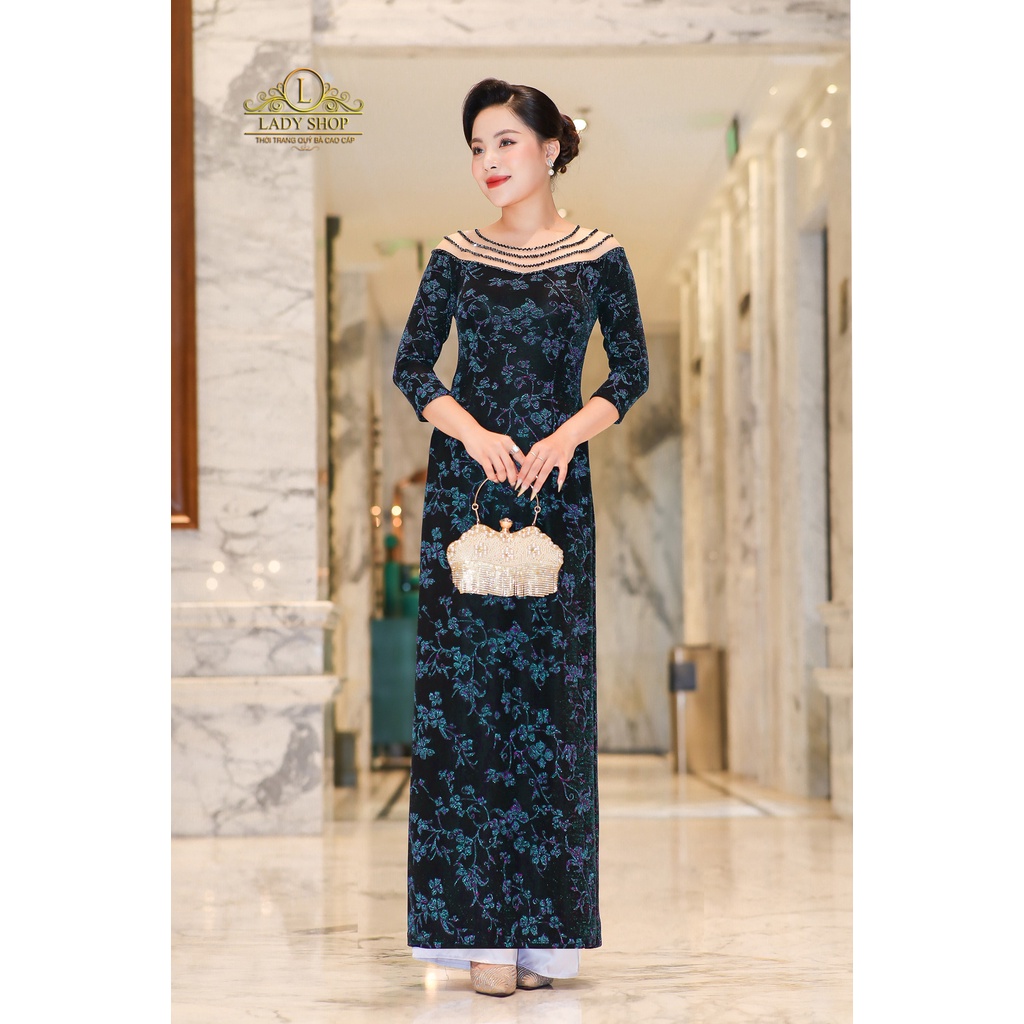 Áo Dài nhũ cành hoa đỏ cổ lưới kết đá Ladyshop thời trang trung niên cao cấp T17
