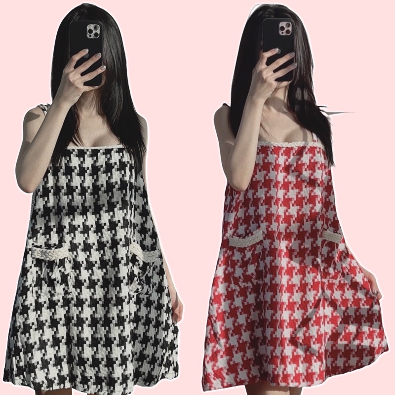 Đầm Babydoll 2 Dây Suông Dạ Hoạt Tiết Caro Váy dạ tweed hai dây sẵn Váy ngắn váy dạ hai dây váy nữ babaydoll (ảnh thật)
