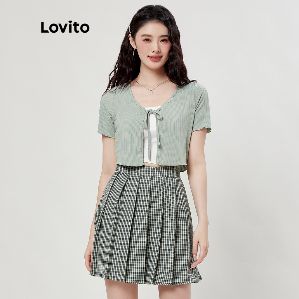 Bộ váy nữ Lovito xếp ly ren sơ mi Bộ váy nữ L33ED068 (Xanh xám)
