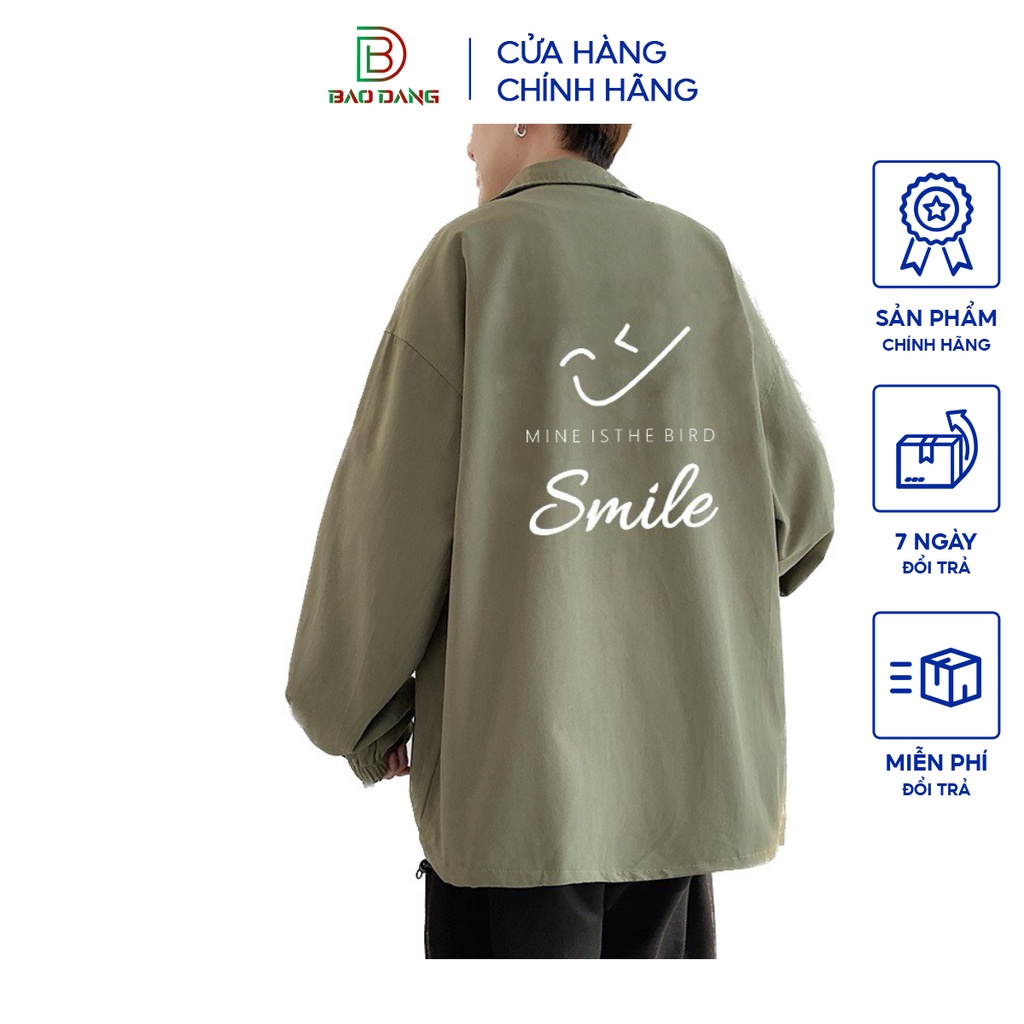 Áo khoác sơ mi dù vải quang châu kết hợp cổ bẻ họa tiết chữ smile from rộng nam nữ Bảo Đăng