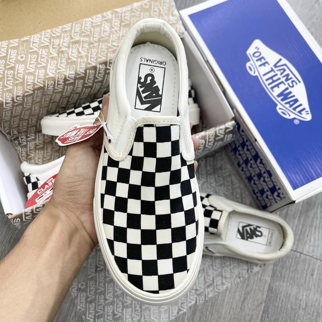 Giày Vans Slip On Strap Fear Of God Off White AHA,Giày sneaker 𝐕𝐀𝐍𝐒 Caro lười viền trắng, giày thể thao 𝐕𝐀𝐍𝐒 Đen