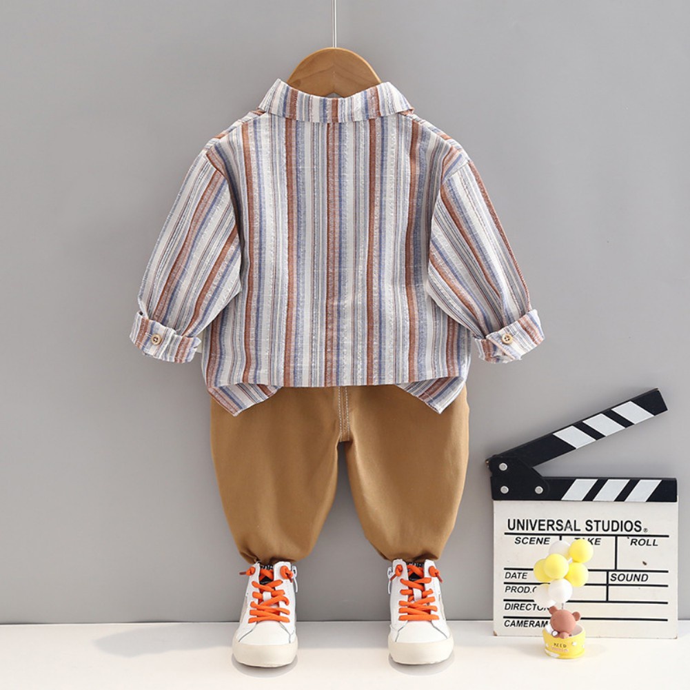 Set Áo Sơ Mi Kẻ Sọc + Quần Dài Phong Cách Hàn Quốc Cho Bé