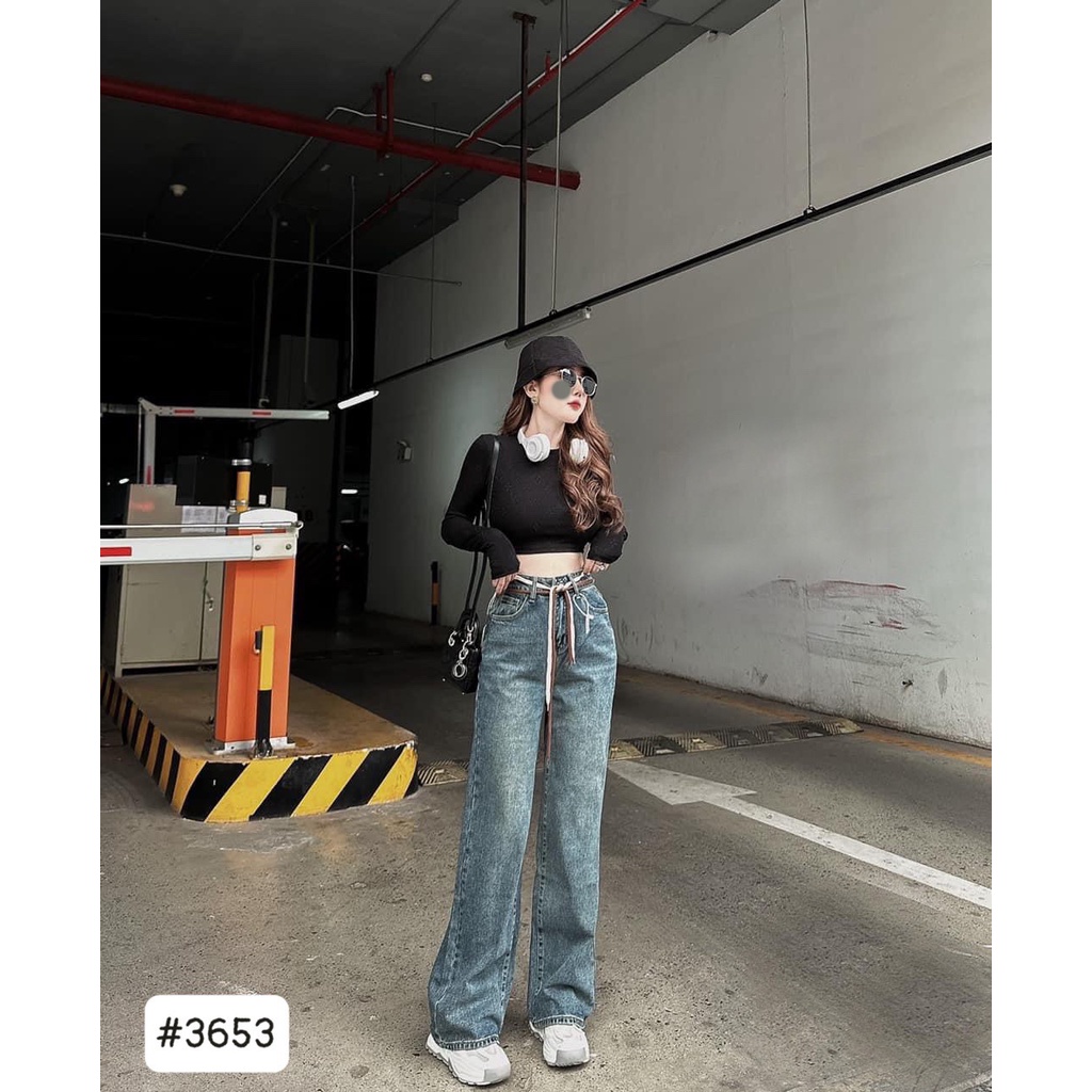 [ORDM3653] QUẦN JEANS ỐNG RỘNG NỮ LƯNG CAO 2 DÂY TRẮNG NÂU MÀU XANH ĐẬM BỤI DƠ LAI CUỐN PHỐI TÚI RÁCH KIỂU PHÍA SAU ĐỈN