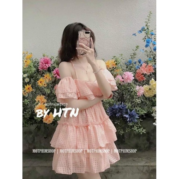 Đầm trễ vai caro