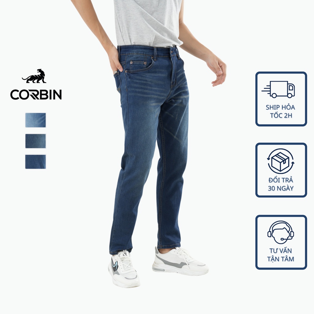 Quần jean, quần bò nam CORBIN ống đứng co giãn mà xanh cao cấp (LV)