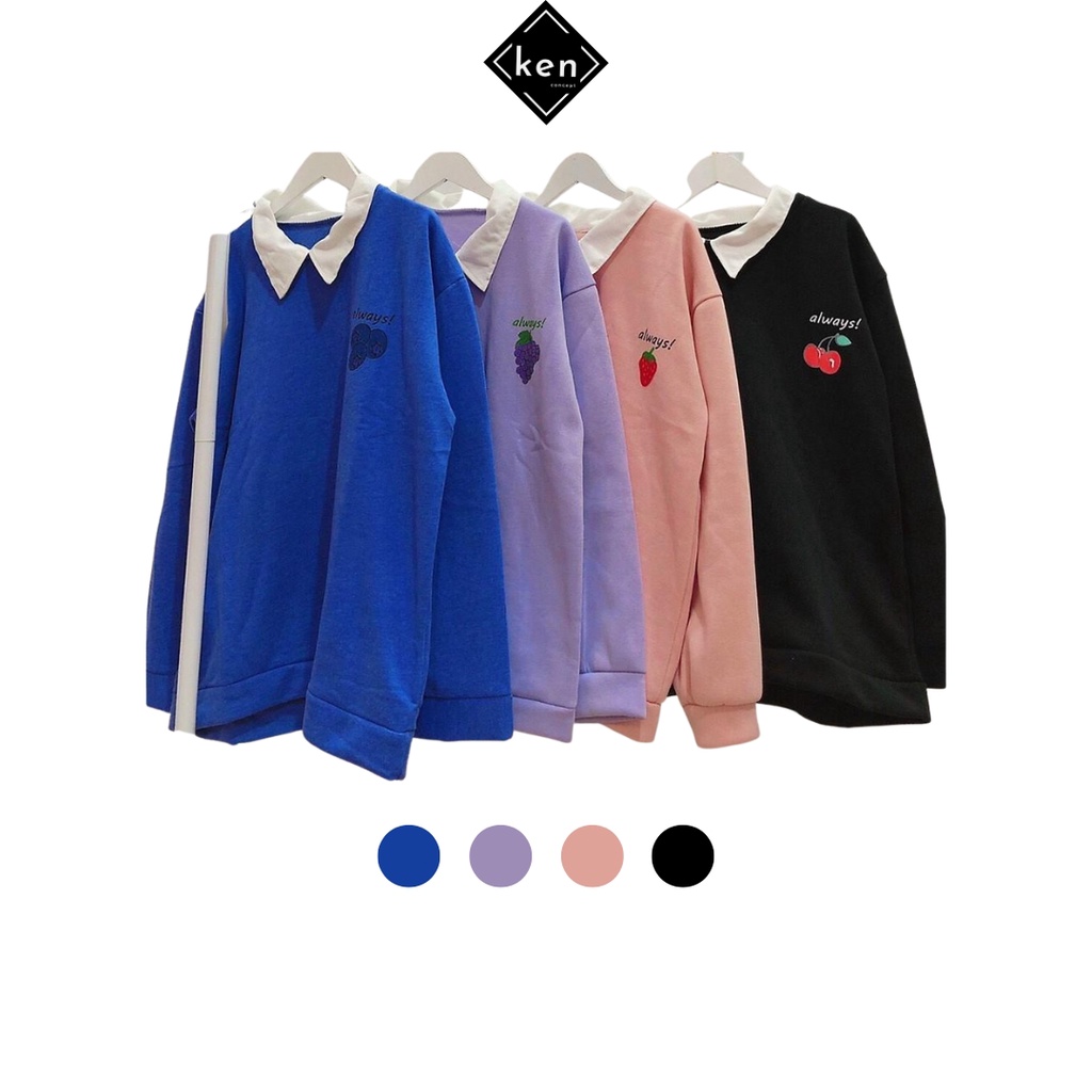 Áo sweater cổ bẻ KEN CONCEPT chất thun mềm họa tiết trái cây thời trang thu đông