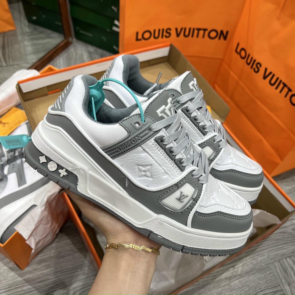 Giày thể thao LV Trainer màu xám ghi cổ thấp độn đế, giày sneaker LV Trainer xám mới nhất dành cho nam nữ đầy đủ billbox