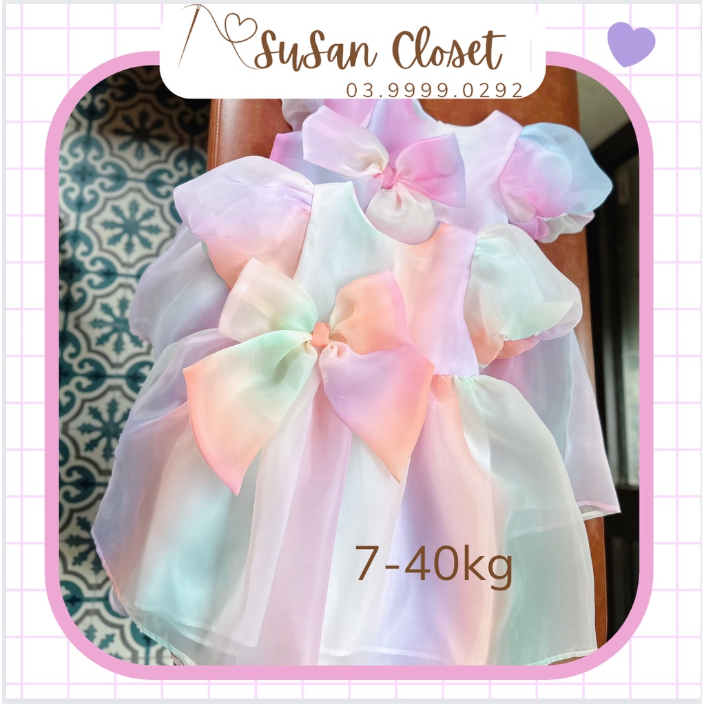 Đầm váy bé gái voan cầu vồng phối nơ bồng xòe xinh xắn phù hợp Noel Giáng Sinh lễ tết sinh nhật