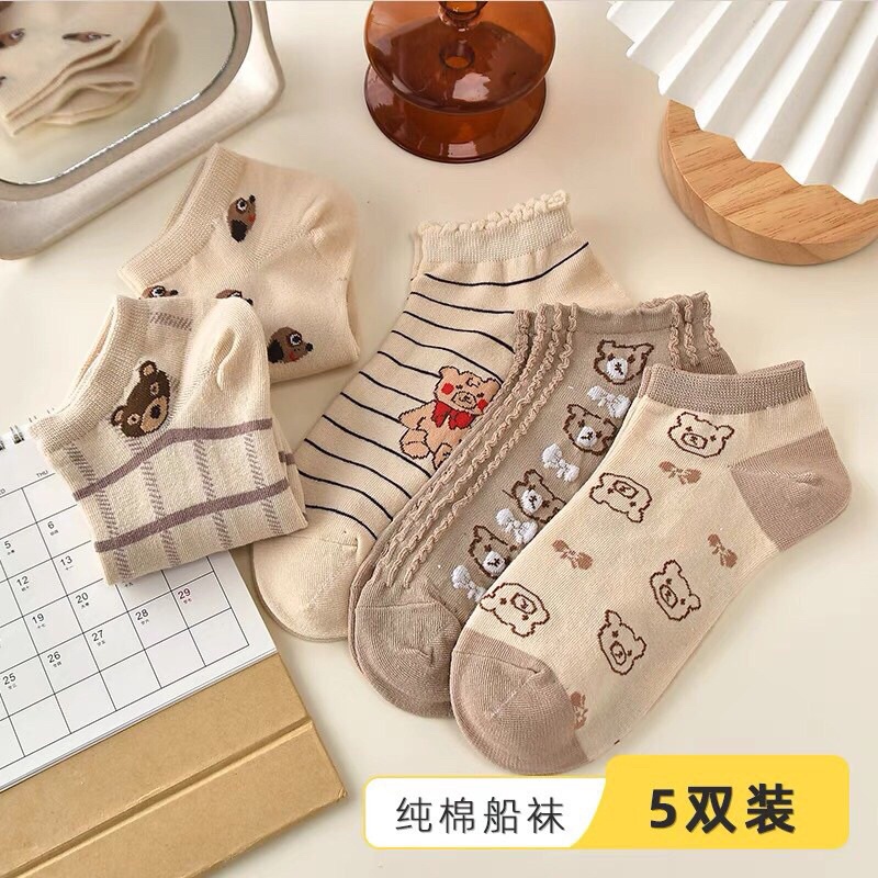Tất, vớ nữ cổ ngắn họa tiết gấu nâu, vớ nữ chất liệu cotton co giãn 1 đôi